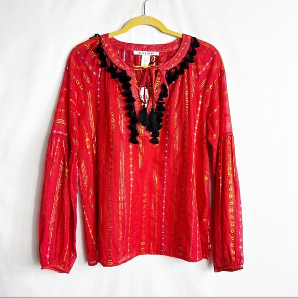 BELLE VERE Red Romaine Blouse with Tassels NWT in Small - Picture 2 of 7